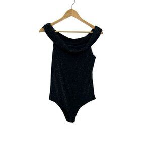 Gilli Women's Metallic Off-Shoulder Stretch Body Suit Black Silver Medium USA